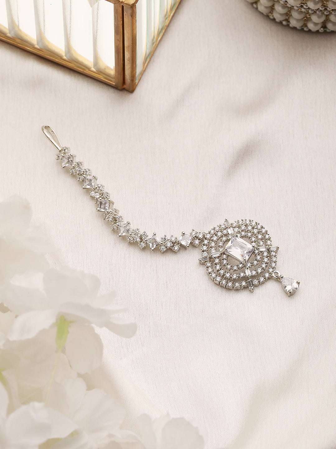 Solitaire Maang Tikka AD studded Silver plated for Women & Girls